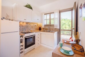 Fridge, oven, stovetop, coffee/tea maker