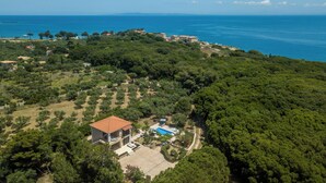 Une villa dotée d’une piscine, entourée d’une végétation luxuriante et offrant une vue sur la côte.