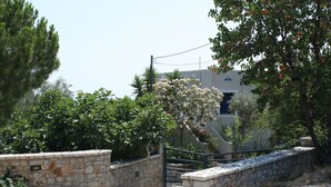 A stone wall with a gate leading to a building with a blue door.