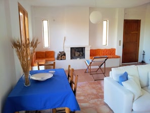 Smart TV, fireplace, books