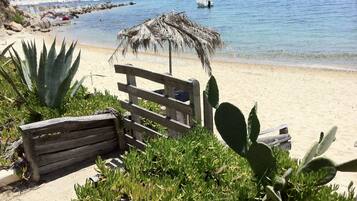 Rannalla, aurinkotuoleja, rantapyyhkeitä