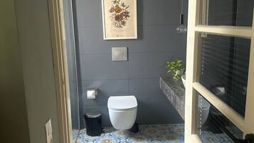 Secadora de cabello, toallas, jabón, papel de baño