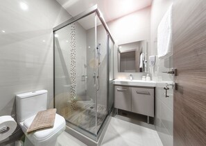 Regadera, secadora de cabello, toallas 