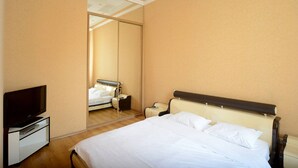 Une chambre d’hôtel avec un lit, une télévision, une table de chevet et un miroir.