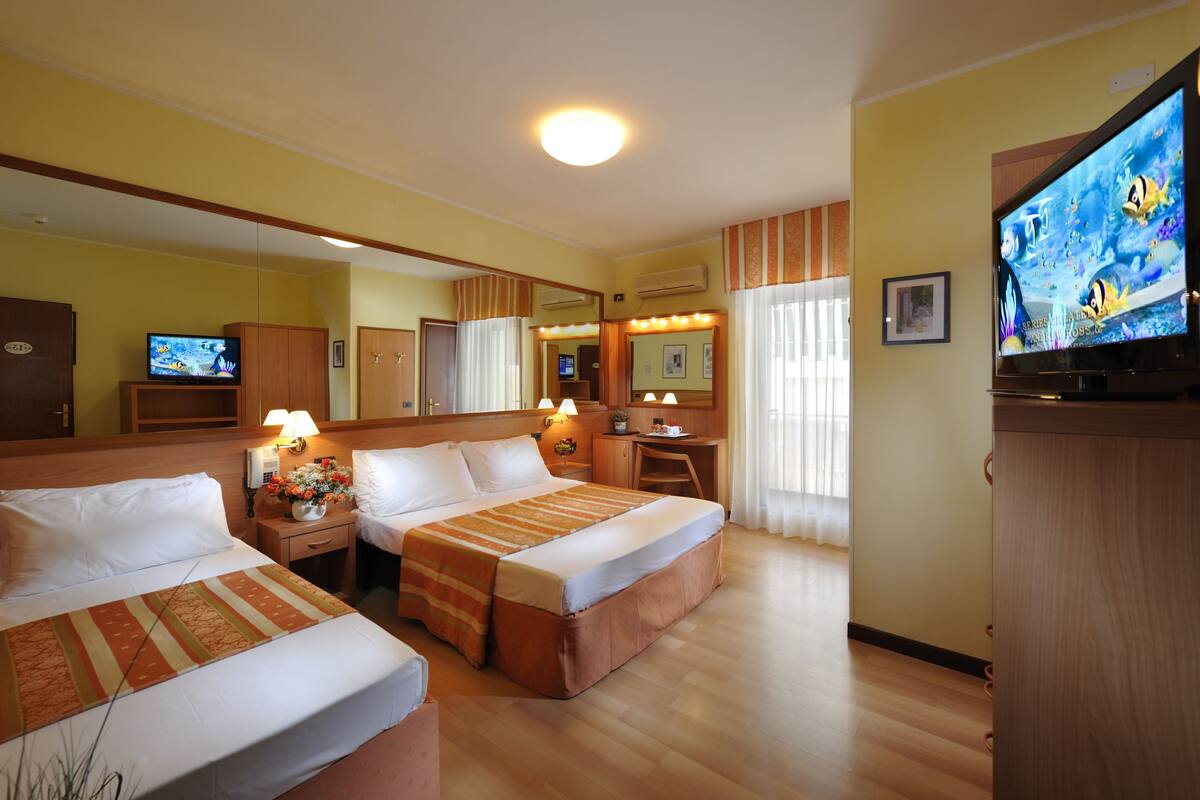 Une chambre d’hôtel avec deux lits, un bureau, une télévision et un miroir.