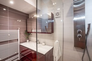 Shower, hair dryer, towels, soap