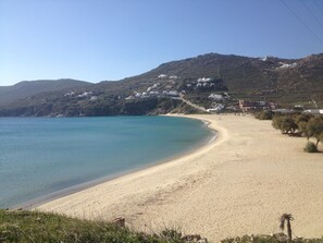 On the beach, sun-loungers, beach towels