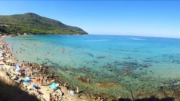 A beach with clear water, rocky shore, and a mountainous backdrop. - La Via Del Porto (Agropoli)