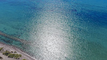 On the beach, sun loungers, beach umbrellas, beach towels