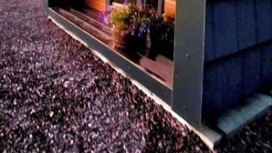 A modern, curved structure with a glass door and windows, surrounded by gravel and a wooden deck. - The Westings (Whiteness)