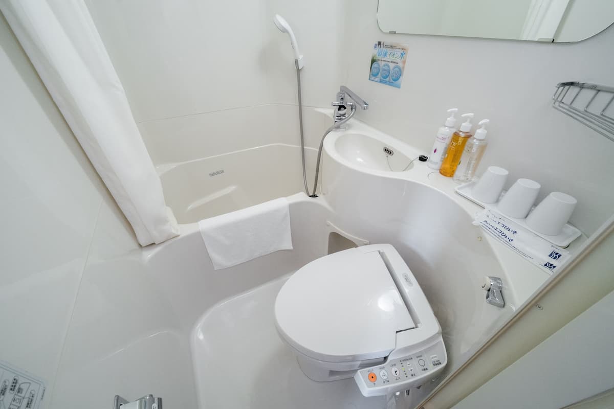 combined shower/bathtub, free toiletries, hair dryer, slippers