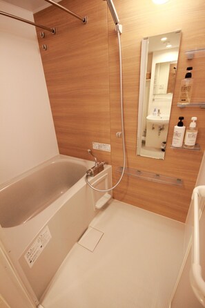 Combined shower/bathtub, hair dryer, bidet, towels