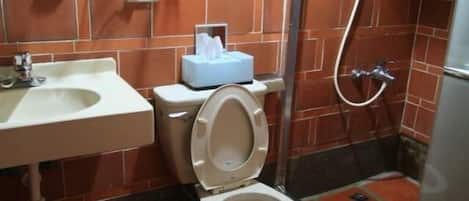Un baño con inodoro, lavamanos y ducha.