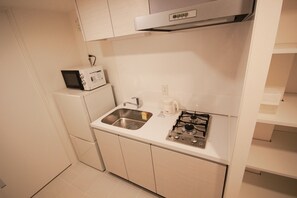 Kjøleskap, mikrobølgeovn, kokeplater og vannkoker