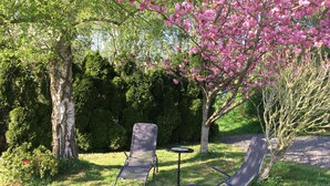 Dos sillas exteriores y una pequeña mesa en un jardín con árboles de flores rosadas y follaje verde.