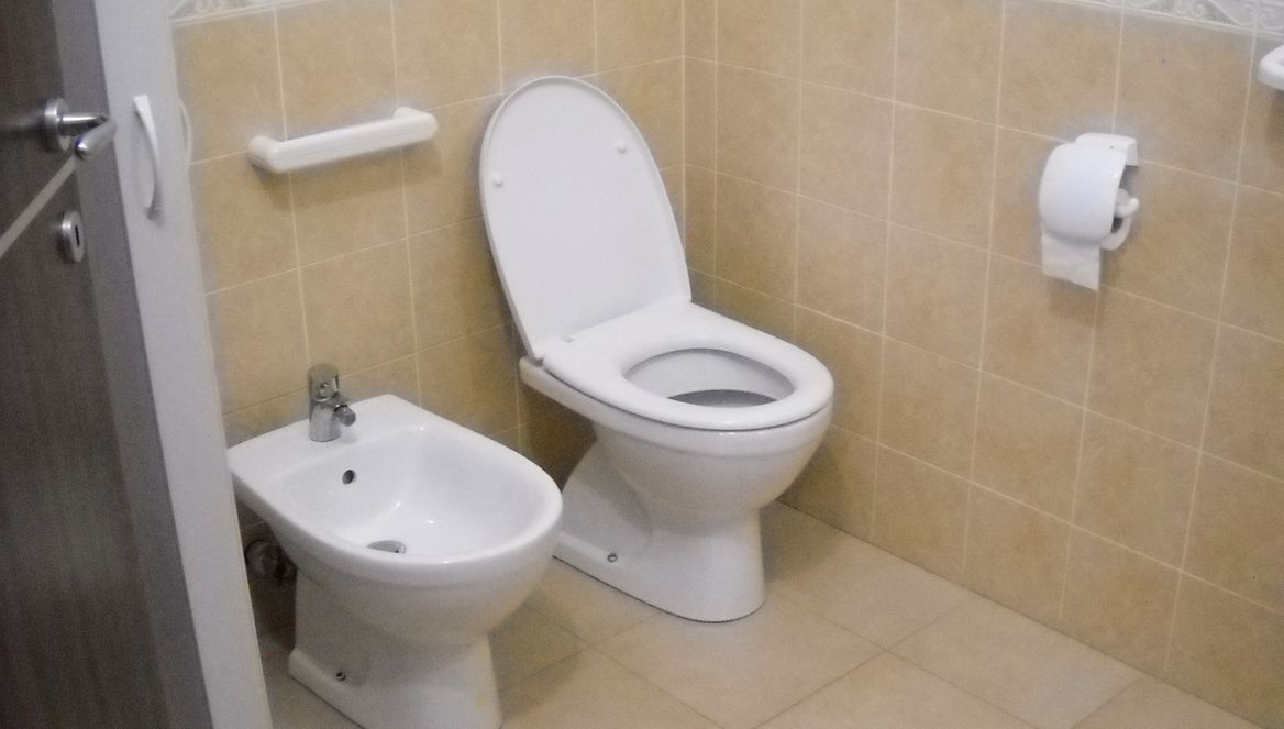 A bathroom with a toilet, bidet, and toilet paper holder.