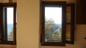 Two windows with wooden frames, one open, revealing a view of trees and a distant landscape. - Katerina Fotopoulos Homes & Apartments (Zagora-Mouresi)