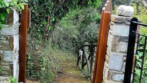 A stone pathway leading through a lush, green area with a wooden gate and metal railings. - Katerina Fotopoulos Homes & Apartments (Zagora-Mouresi)