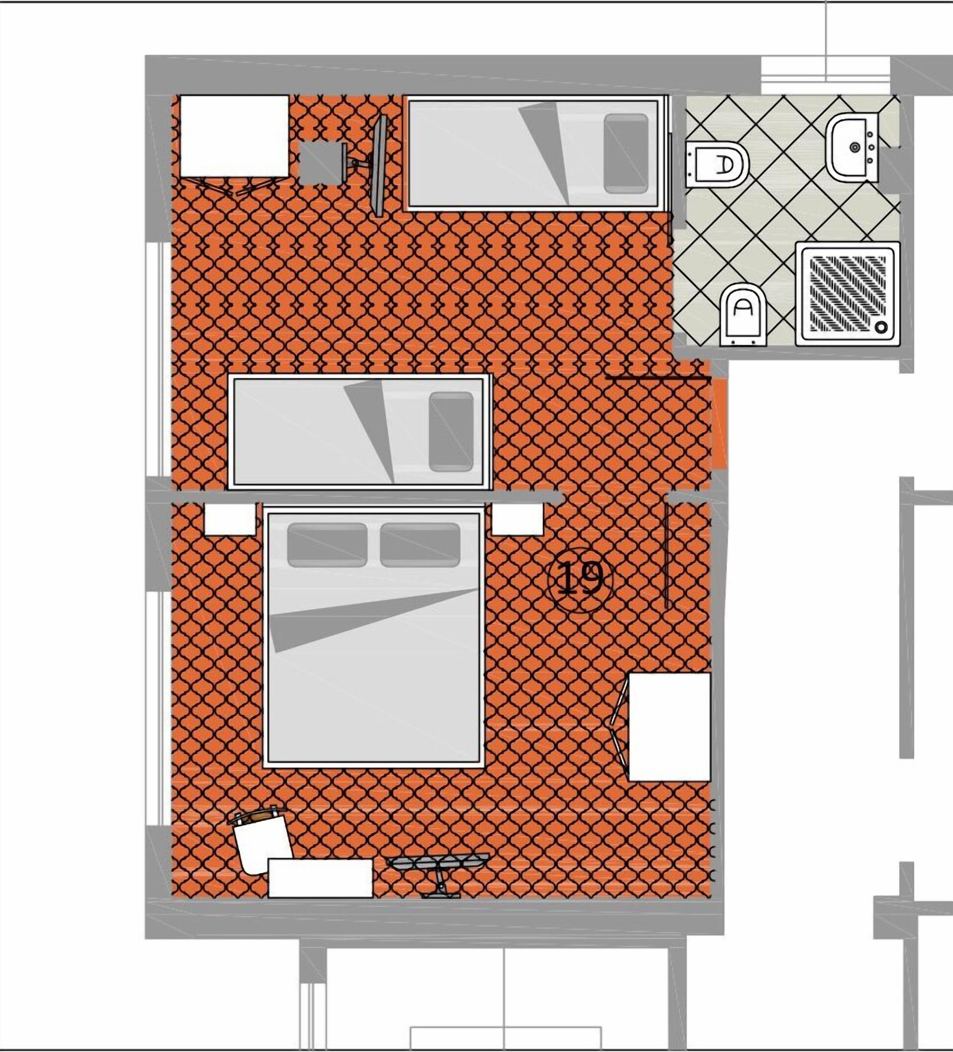 Distribución de una habitación de hotel con cama, escritorio, silla, ventana y zona de baño.