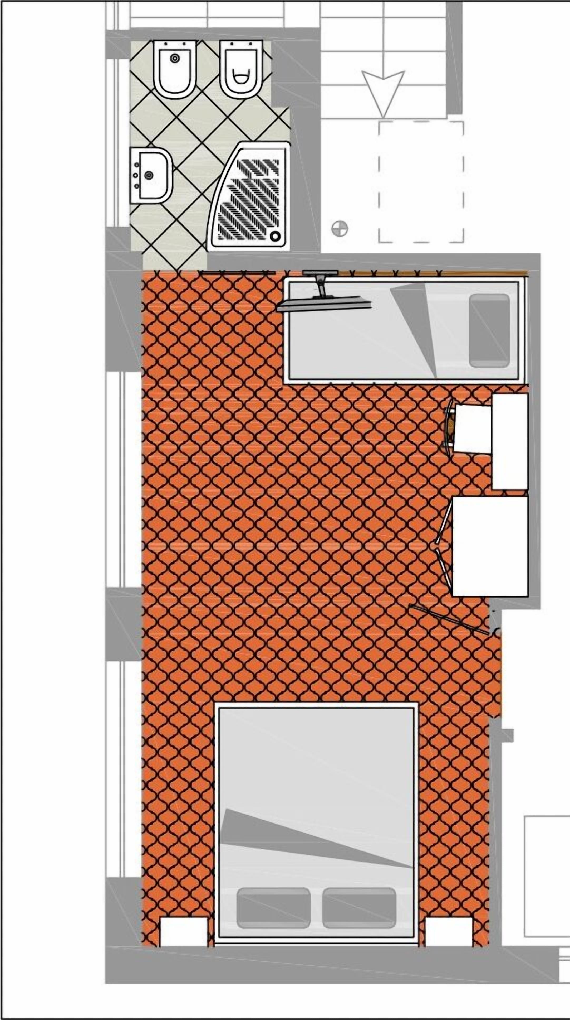 A floor plan of a hotel room with a bathroom, a small kitchen area, and a seating area.