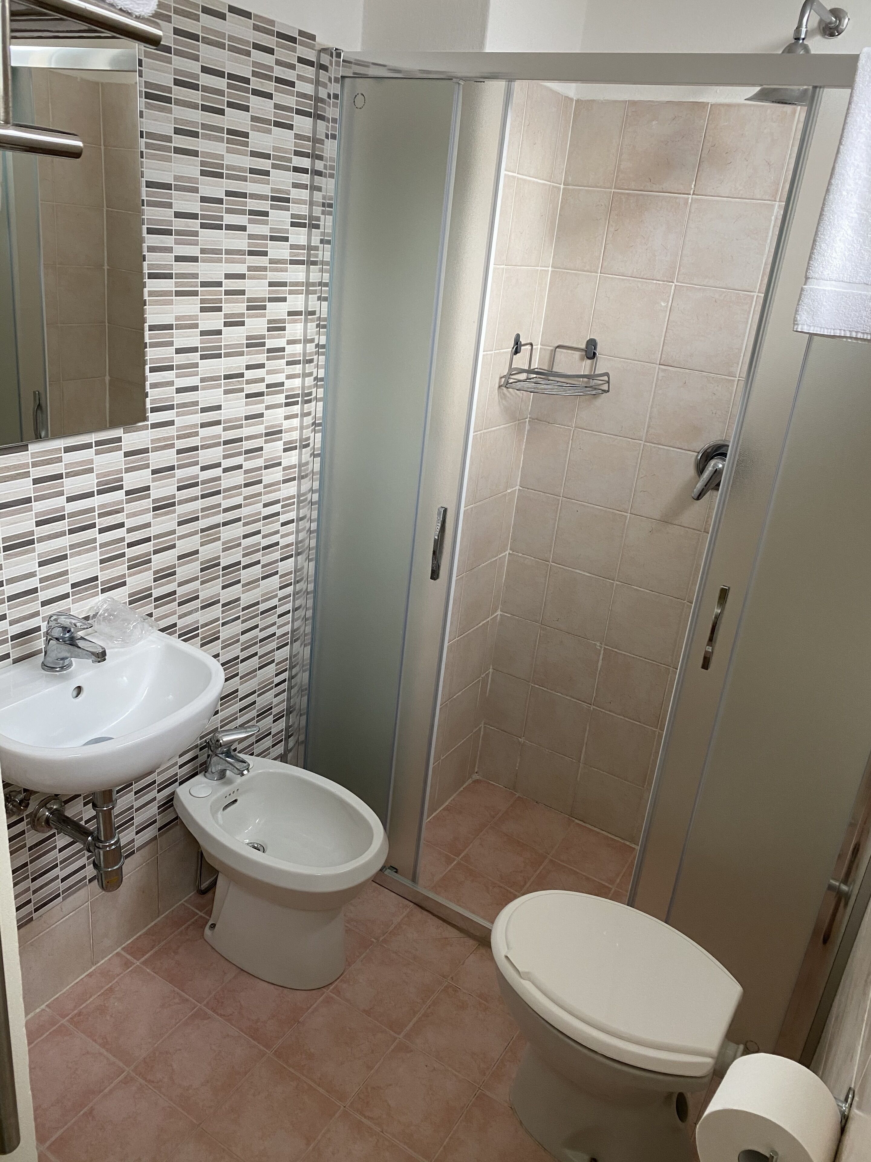 Un baño con ducha, lavamanos, lavaváteres y retrete.