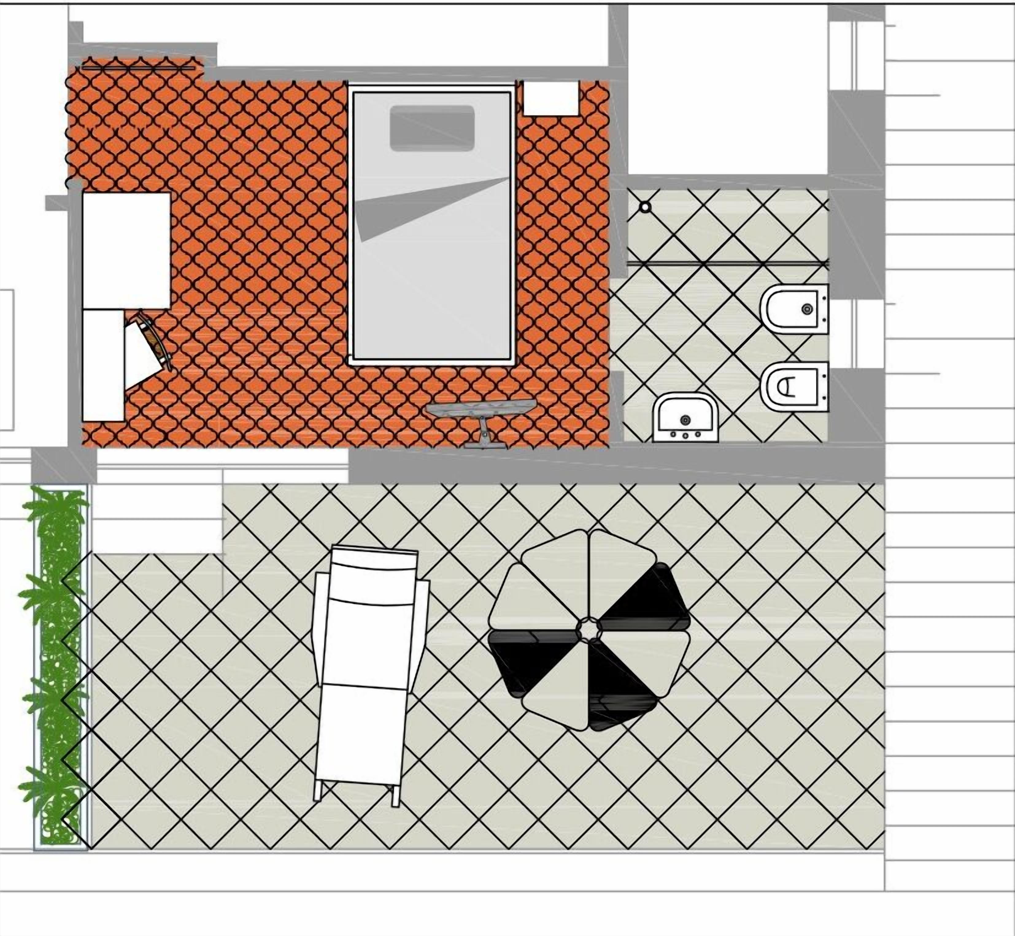Un plan d’étage d’une chambre d’hôtel comprenant une salle de bain, un petit coin cuisine et un espace repas avec une table et des chaises.