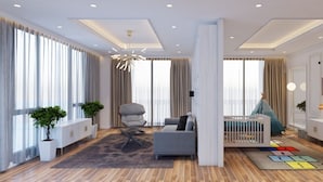 Suite Royal, 2 habitaciones, habitaciones conectadas | Sala de estar | Televisión y chimenea 