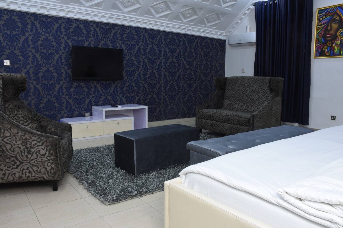 A bedroom with a bed, a sofa, a chair, a TV, and a small white cabinet.