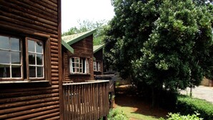 A wooden cabin with a porch and a large tree in the background. - Travel Lodge Sabie (Sabie)