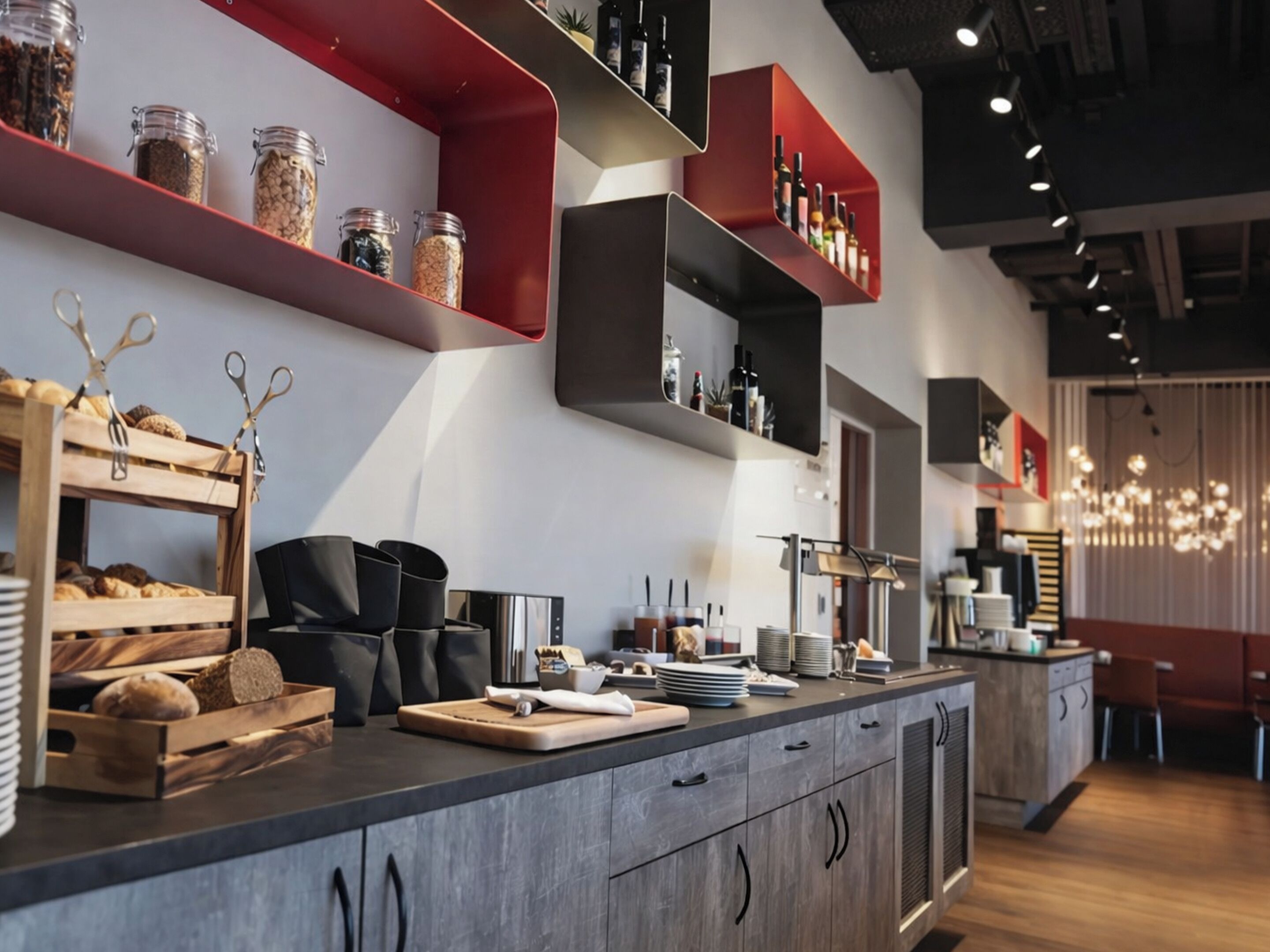 A modern kitchen with wooden cabinets, a central island, and red and black shelves.