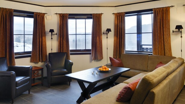 Una sala de estar acogedora con un sofá, sillones, una mesa de centro y vistas a un paisaje nevado a través de amplios ventanales.