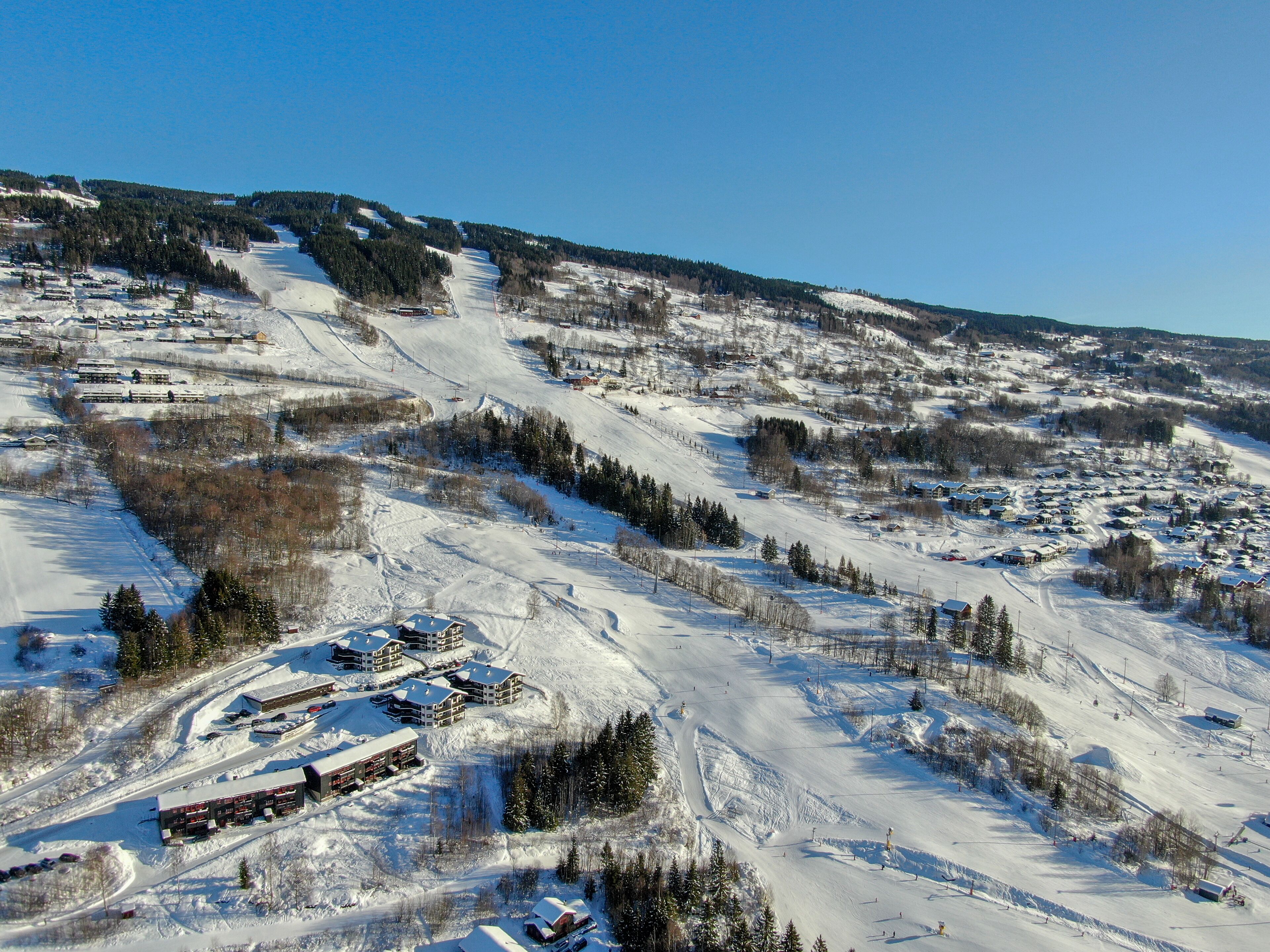 Een besneeuwde skigebied met meerdere gebouwen, waaronder chalets en skiliften, en een skipiste.