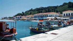 A marina with boats docked, buildings with red roofs, and a hillside with trees.