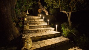 A stone staircase with multiple steps leading up to a platform, surrounded by trees and plants.
