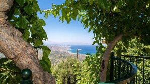 A view from a balcony with a railing, overlooking a coastal landscape with greenery and a clear sky. - Agrilos House - Amazing sea view - Sleeps 4 (Mirsini)
