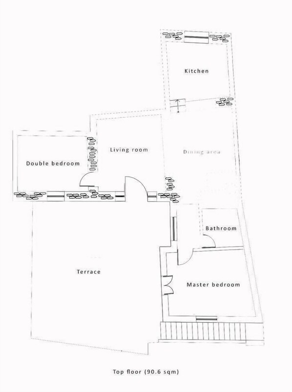 A floor plan of a house with a double bedroom, living room, dining area, kitchen, bathroom, terrace, and master bedroom.