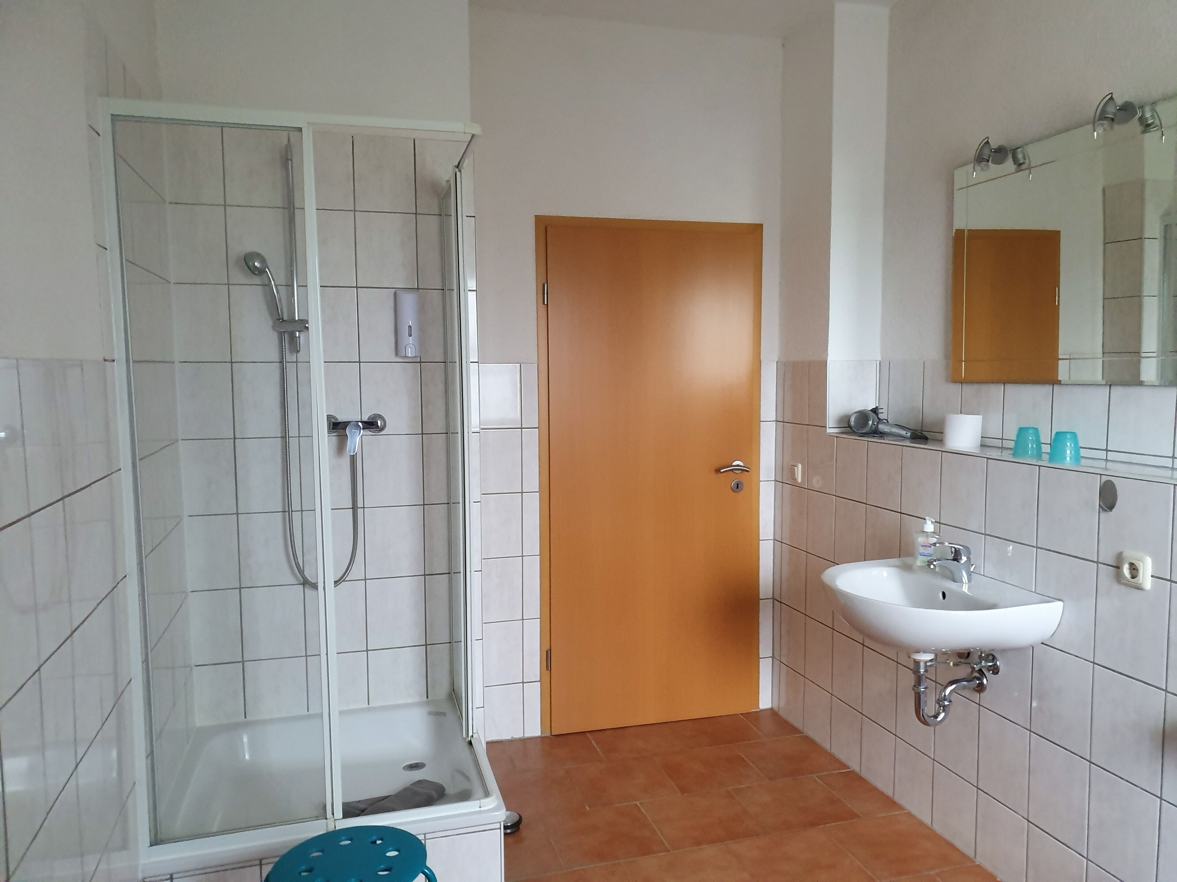 Un baño con ducha de vidrio, un lavabo con espejo y una puerta.