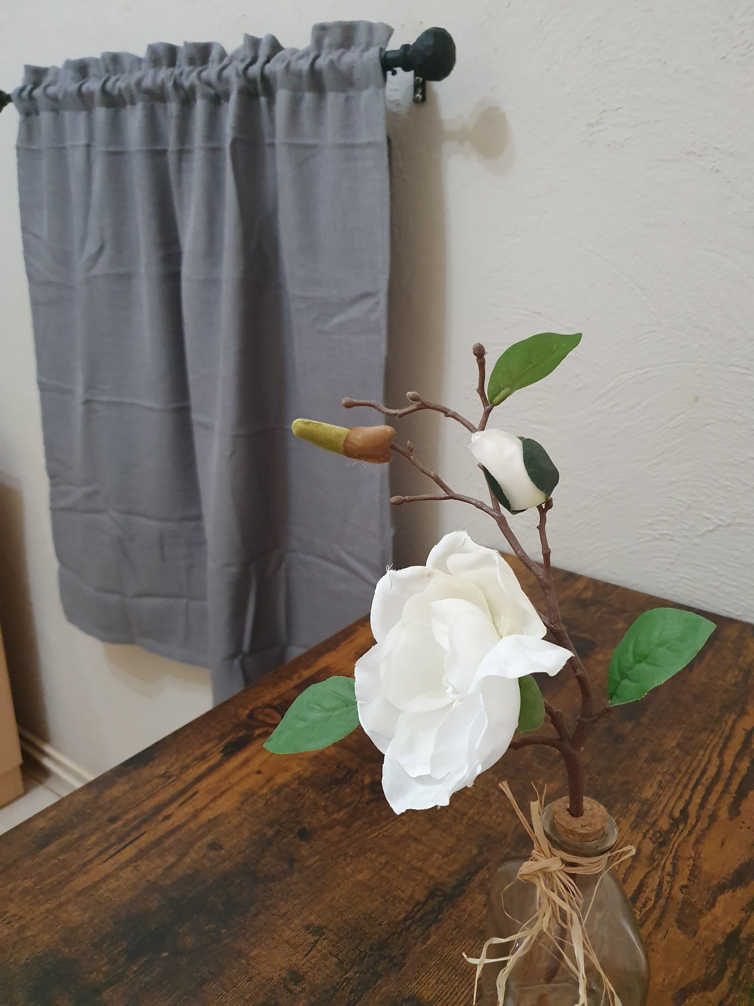 A white flower in a glass vase on a wooden table.
