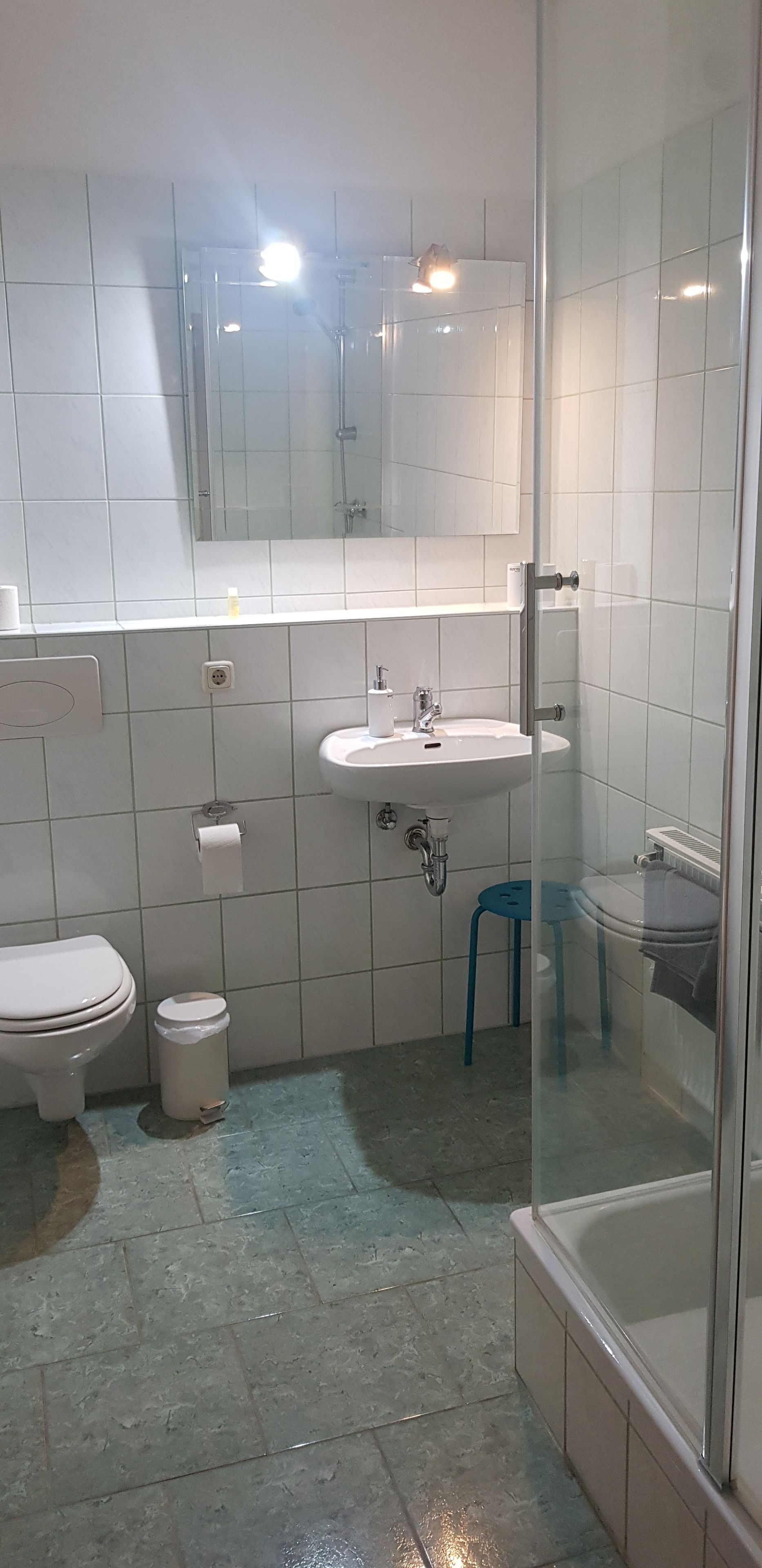 A small bathroom with a toilet, sink, and shower.