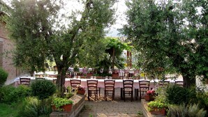 An outdoor dining area with tables and chairs, surrounded by greenery and trees.