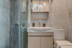 Shower, eco-friendly toiletries, hair dryer, towels