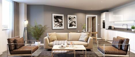 A modern living room with a sofa, coffee table, and chairs. There is a kitchen area with cabinets and a sink.