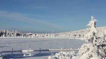 A snow-covered landscape with a frozen lake, a wooden fence, and snow-laden trees.