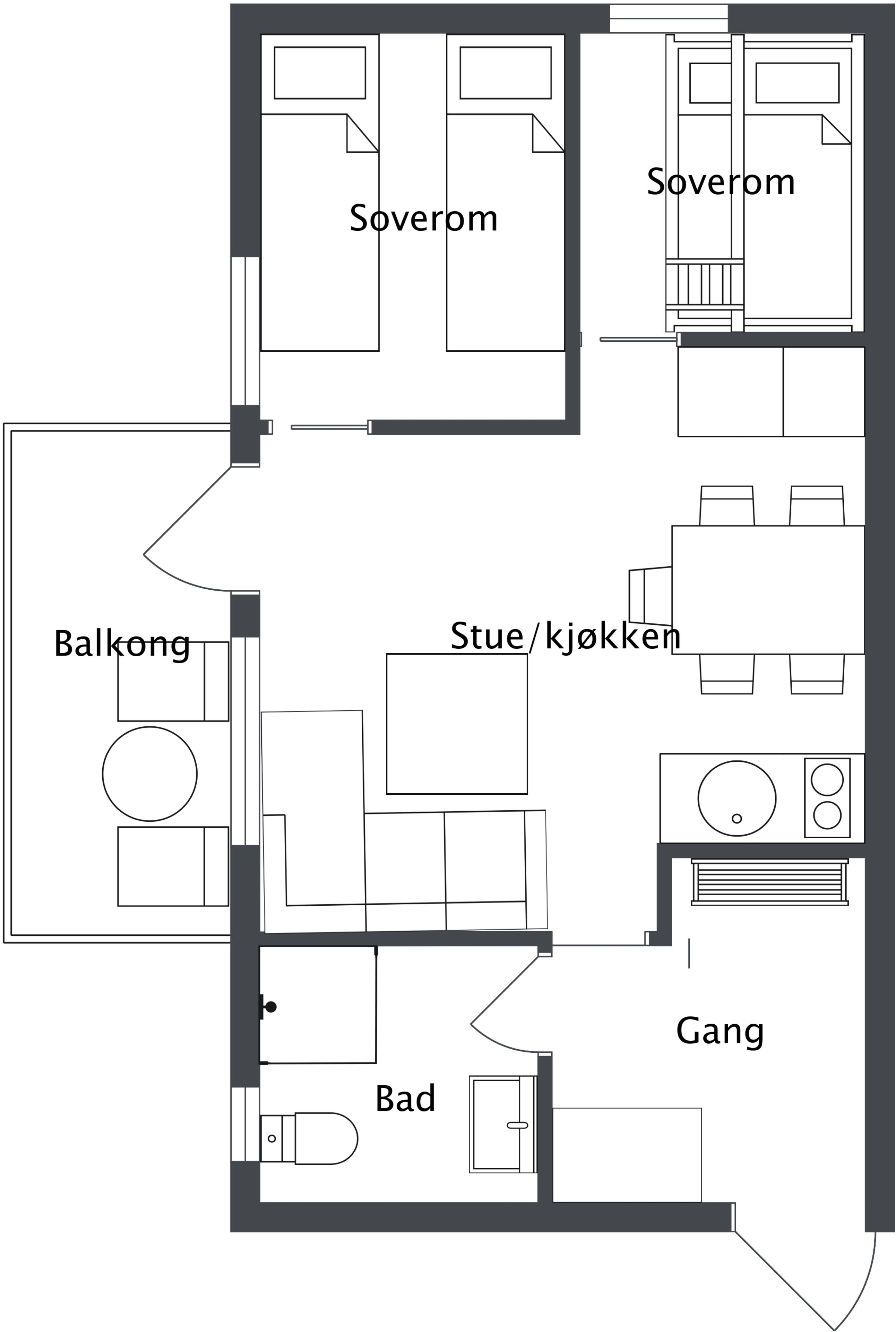 Plano de planta con dos dormitorios, un baño, una cocina, un balcón y un comedor.