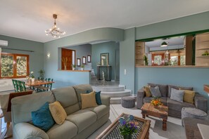 TV connectée, cheminée, lecteur de DVD, livres