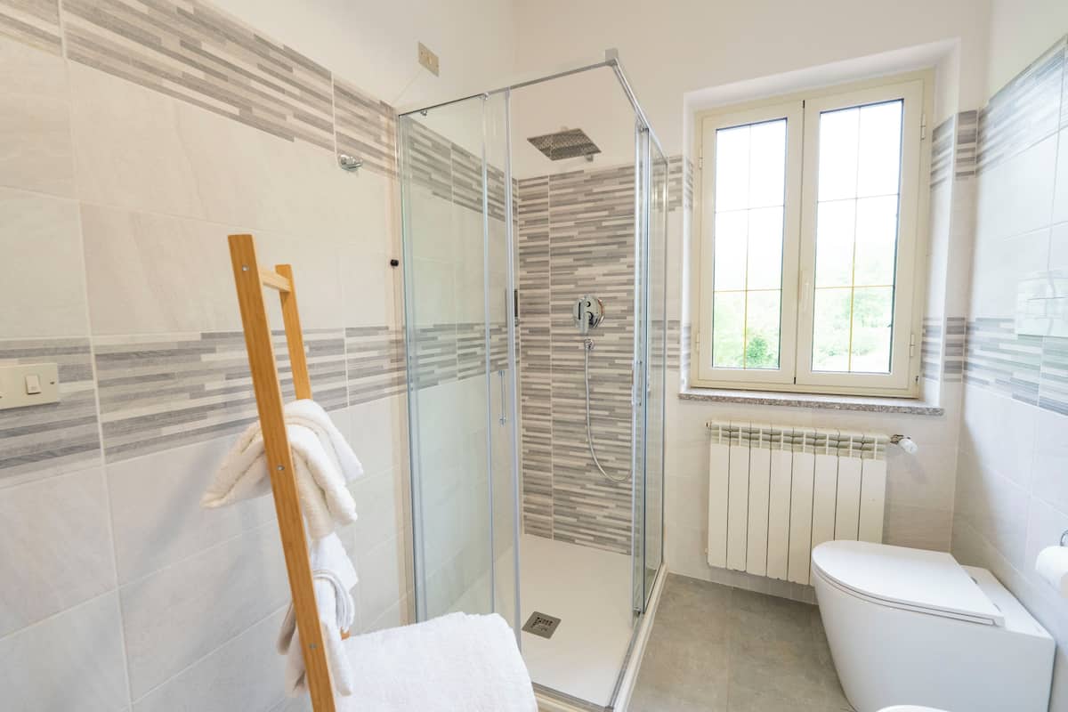Een badkamer met een douchecabine van glas, een toilet, een raam en een handdoekhouder.