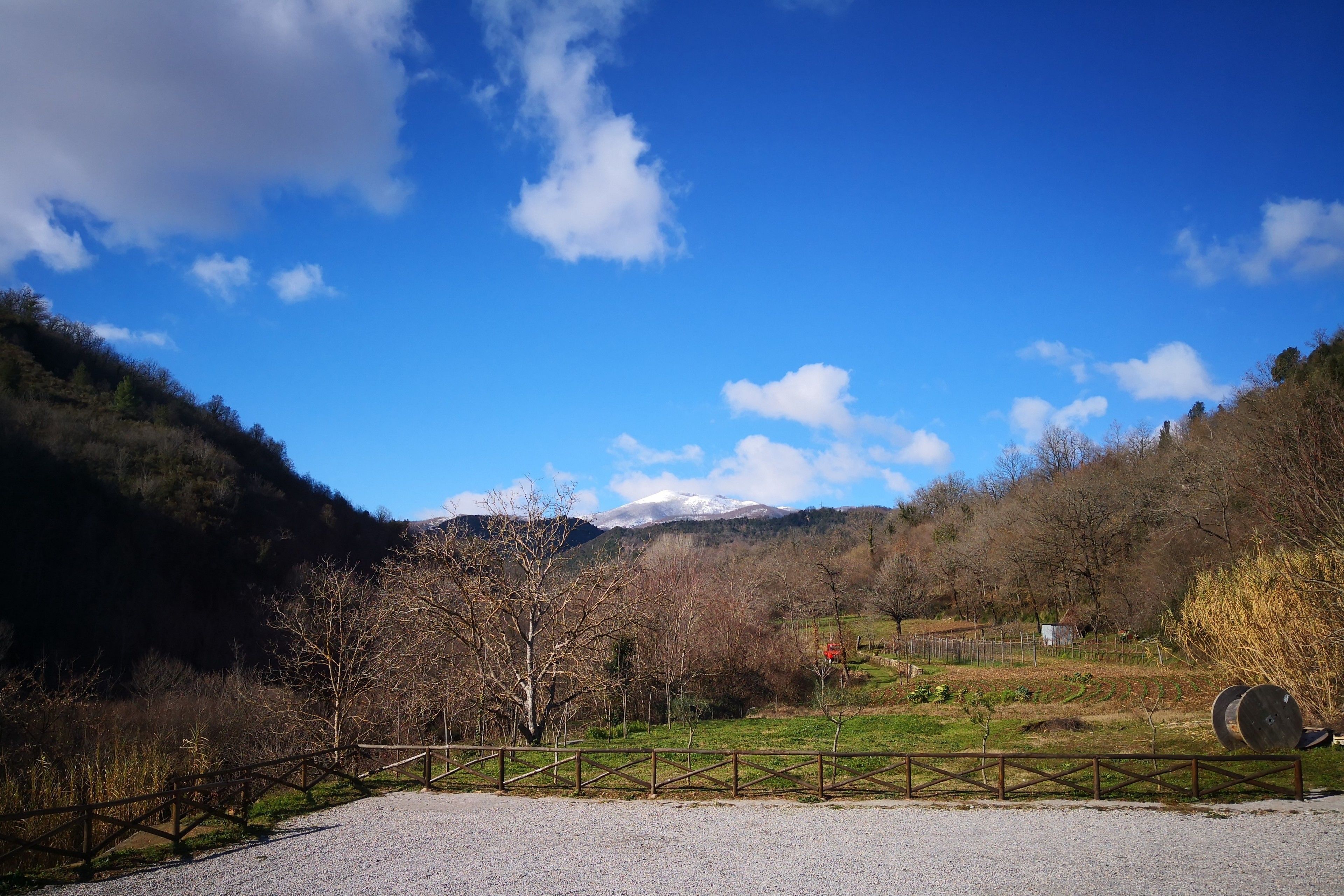A rural landscape with a gravel path, wooden fence, and a mountain in the background.