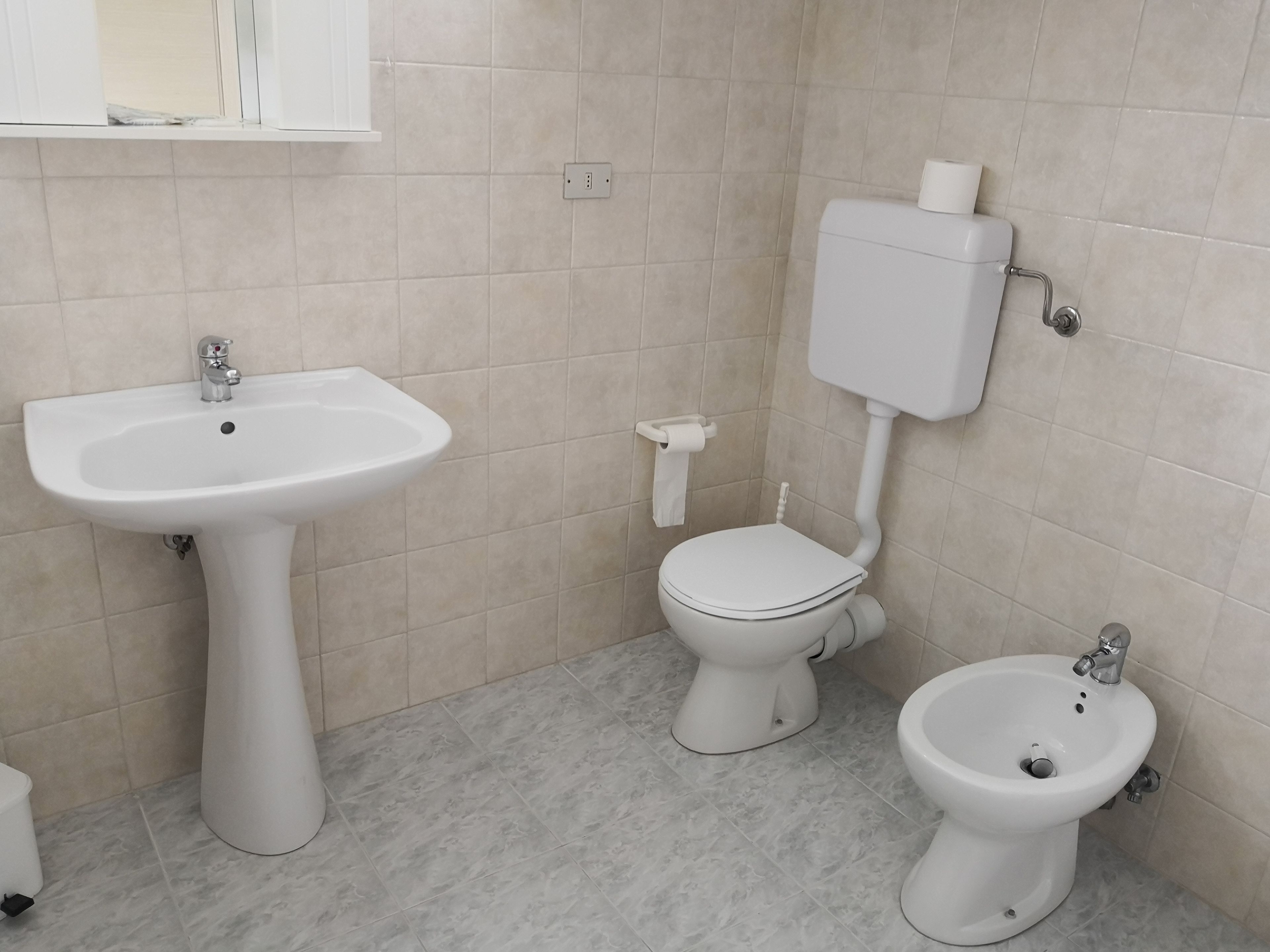 Ein Badezimmer mit einem Standwaschbecken, einer Toilette und einem Bidet.