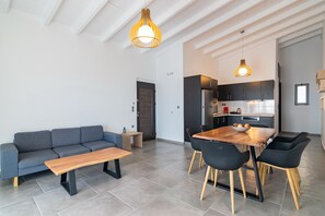 A modern living room with a sofa, dining table, and chairs, a kitchen area with appliances, and pendant lighting.