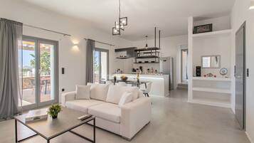 Smart TV, fireplace, books, stereo